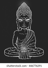 Drawing of a Buddha statue. Art vector illustration of Gautama Buddhism Religion. Bless Band. Design for greeting card, print clothing. The concept of Yoga Studio.