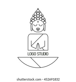 Drawing of a Buddha statue. Art vector illustration of Gautama. Buddhism Religion. Bless Band. Design for greeting card, print clothing. The concept of Yoga Studio logo