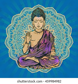 Drawing of a Buddha statue. Art vector illustration of Gautama Buddhism Religion.