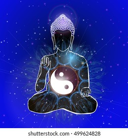 Drawing of a Buddha statue. Art vector illustration of Gautama Buddhism Religion.
