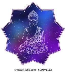 Drawing of a Buddha statue. Art vector illustration of Gautama Buddhism Religion.