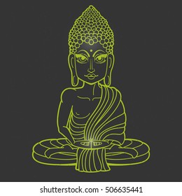 Drawing of a Buddha statue. Art vector illustration of Gautama Buddhism Religion.