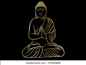 Drawing of a Buddha statue. Art vector illustration of Gautama - gold line art on a black background. Buddhism Religion