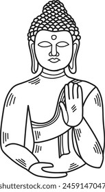 A drawing of a Buddha statue with a hand on its chest. The statue is in a pose of peace and serenity