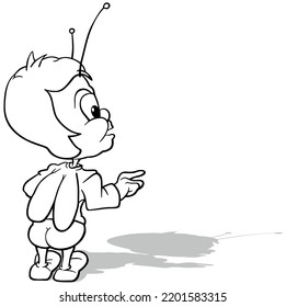 Drawing of a Bug from the Back as it Points with a Finger - Cartoon Illustration Isolated on White Background, Vector