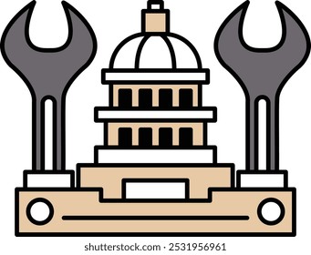 A drawing of a building with a dome and two tools on top of it. The drawing is of a building that is a symbol of government and power