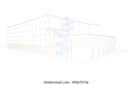 A drawing of a building with exterior stairs 3d