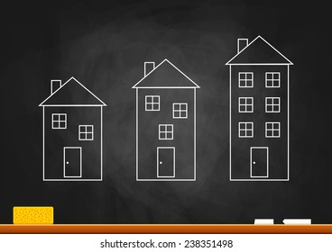 Drawing of building on blackboard 