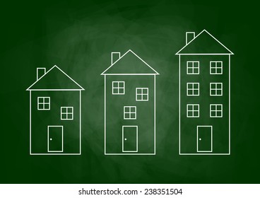 Drawing of building on blackboard 