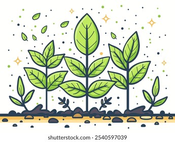 Dibujo de un manojo de plantas verdes con hojas y un fondo blanco. Las plantas están dispuestas en una fila y están rodeadas de rocas. El dibujo tiene un sentimiento tranquilo y calmante, ya que representa la naturaleza