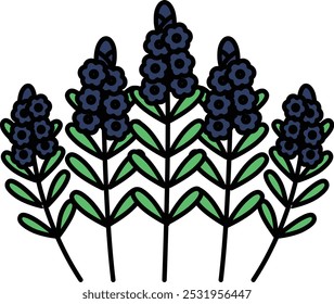 A drawing of a bunch of purple flowers with green leaves. The flowers are arranged in a row and are all the same size. The drawing has a calm and peaceful mood, as the flowers are not too crowded