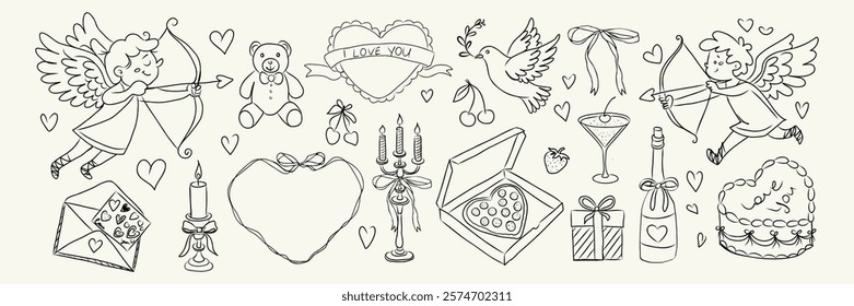 A drawing of a bunch of Valentine's Day themed items including a teddy bear, a bottle of wine, a wine glass, a candle, a cake, a heart, a bird, a bottle, a chair, a sword, and a bow