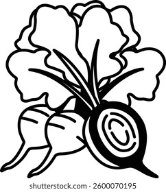 A drawing of a bunch of vegetables, including two carrots and a radish
