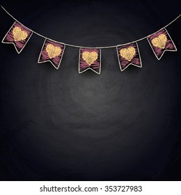 Drawing bunting flags with hearts on blackboard. Valentine'??s day illustration