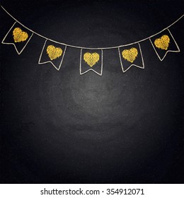 Drawing bunting flags with hearts on blackboard. Valentine'??s day illustration
