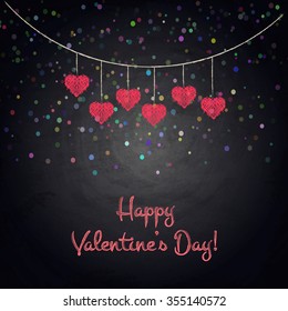 Drawing bunting hearts on blackboard. Valentine day illustration