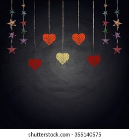 Drawing bunting hearts on blackboard background. Valentines day illustration