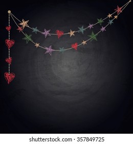 Drawing bunting hearts on blackboard background. Valentines day illustration