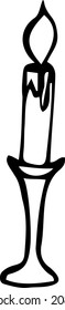 Drawing of a burning candle in a candlestick. Black and white vector illustration, hand-drawn. Isolated object on a white background. Clipart, sketch, logo, doodle.