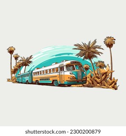 A drawing of a bus with a palm tree on the side cartoon graphic