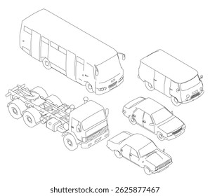 A drawing of a bus, a truck, a car, a van, and a bus. The drawing is in black and white. Isometric view