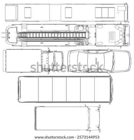 Drawing of a bus and a truck with a fire hydrant on top of the bus. The drawing is in black and white. Top view