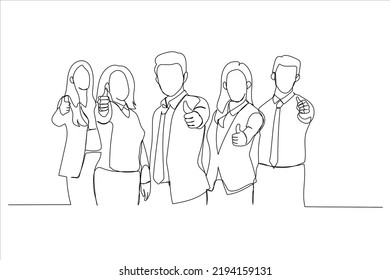 Drawing of business leaders with employees group showing thumbs up looking at camera. Single line art style
