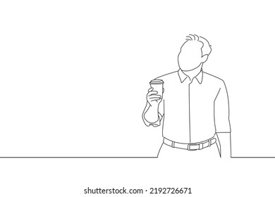 Drawing of business man standing hold cup of coffee or tea looking aside. Outline drawing style art
