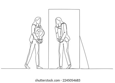 Drawing of business woman asking self and get answer after contemplating. One line style art