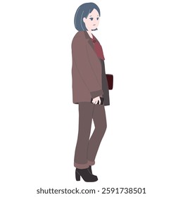 drawing of a business woman in brown suit and long trousers with high heel