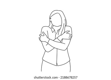 Drawing Of Business Woman Feeling Uncomfortable Walking Hugging Herself Trembling, Shaking Feeling Cold, Freezing Windy Weather. Line Art Style
