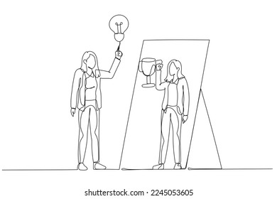 Drawing of business woman having ide lightbulb looking into mirror have reflection holding award trophy. One line art style