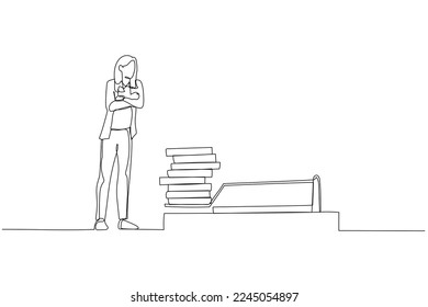 Drawing of business woman looking analyze dollar coin profit on mousetrap. One continuous line art style
