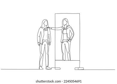 Drawing of business woman looking into mirror embrace self concept of self esteem self care. One line art style