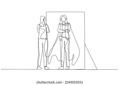 Drawing of business woman reflect self looking into inner strength in mirror. One line style art