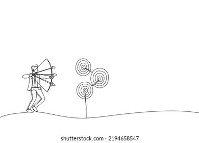 Drawing of businessman aiming multiple bows on three targets. Metaphor for multitasking or multiple purpose strategy, aiming for many targets or goal. Single line art style
