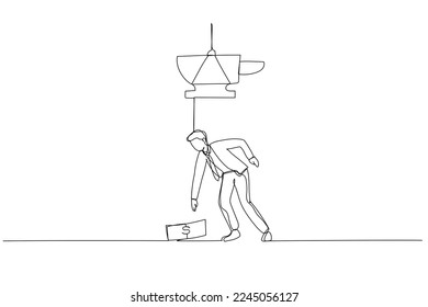 Drawing businessman almost crushed by anvil money trap  Single continuous line art