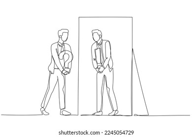 Drawing of businessman asking self and get answer after contemplating. Single continuous line art