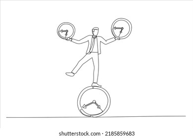 Drawing of businessman balancing all time pieces. Work life balance or control work project time and schedule concept. Single continuous line art
