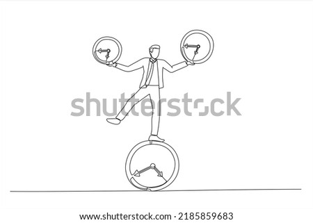 Drawing of businessman balancing all time pieces. Work life balance or control work project time and schedule concept. Single continuous line art
