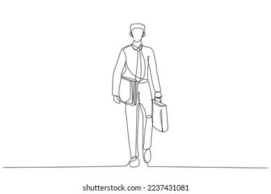 Drawing of businessman with briefcase ready to go work. Continuous line art
