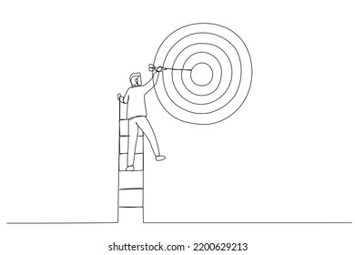 Drawing of businessman climb up ladder high into the sky to aiming for perfect bullseye target dartboard. Metaphor for aspiration to achieve target, business goal. Single line art style
