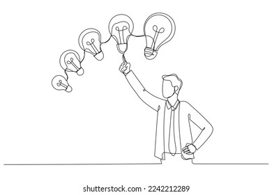 Drawing of businessman with different sizes of idea. Continuous line art