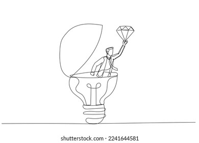 Drawing of businessman discover valuable priceless diamond from bright lightbulb idea. Business value. Single continuous line art