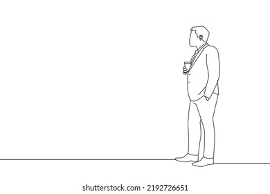 Drawing of businessman drinking a coffee and looking out. Oneline art drawing style
