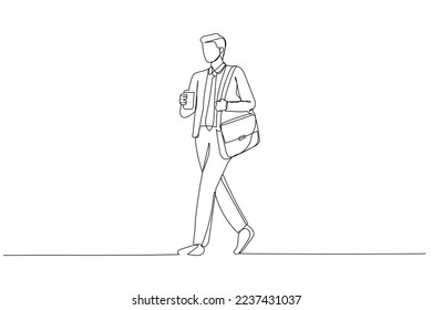 Drawing of businessman drinking coffee while walking with bag. Single continuous line art style
