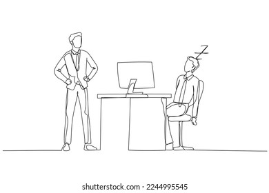 Drawing of businessman falling asleep at work time get caught by boss concept of slacking off. Continuous line art style