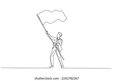Drawing of businessman with flag. Continuous line art style
