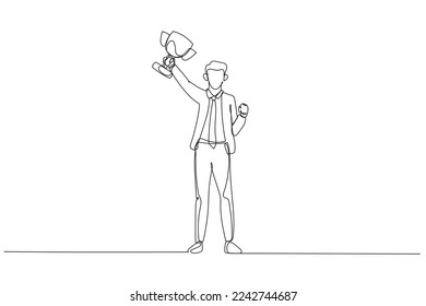 Drawing of businessman gesturing fists up holding gold cup winning and success. Single continuous line art style