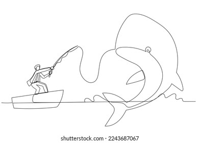 Drawing of businessman get big fish whale concept of catching big profit. Single continuous line art style